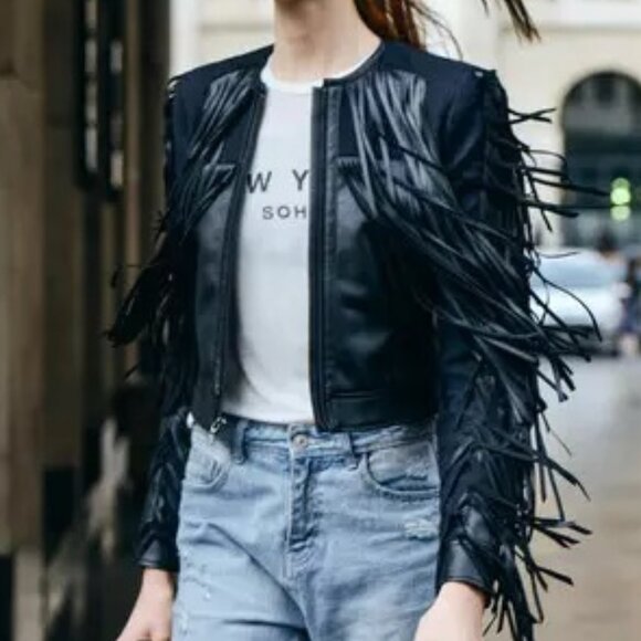 BCBGMAXAZRIA Farrell Black Fringe-Trim Faux Leather Short Jacket SZ XS - Picture 1 of 15